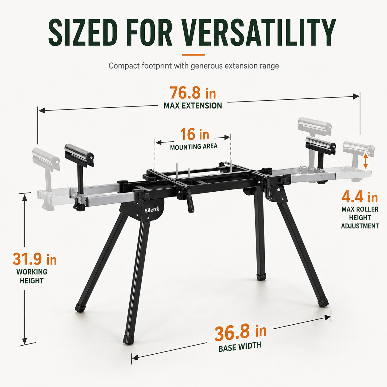SilenX 440 LB Miter Saw Stand — Universal Folding Saw Table with 76.8" Extendable Support Arms, Height-Adjustable Rollers & Anti-Rust Steel Frame