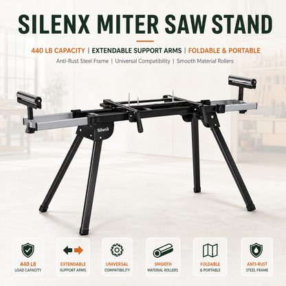 SilenX 440 LB Miter Saw Stand — Universal Folding Saw Table with 76.8" Extendable Support Arms, Height-Adjustable Rollers & Anti-Rust Steel Frame