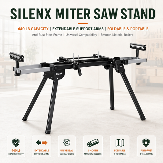 SilenX 440 LB Miter Saw Stand — Universal Folding Saw Table with 76.8" Extendable Support Arms, Height-Adjustable Rollers & Anti-Rust Steel Frame