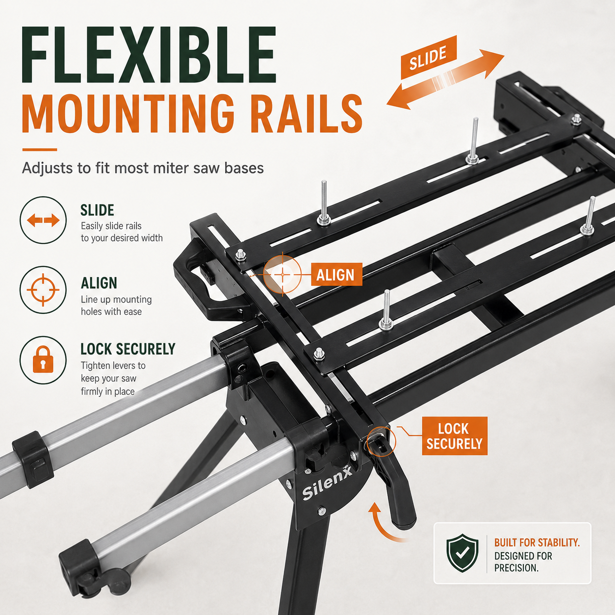 SilenX 440 LB Miter Saw Stand — Universal Folding Saw Table with 76.8" Extendable Support Arms, Height-Adjustable Rollers & Anti-Rust Steel Frame