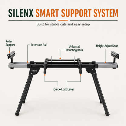 SilenX 440 LB Miter Saw Stand — Universal Folding Saw Table with 76.8" Extendable Support Arms, Height-Adjustable Rollers & Anti-Rust Steel Frame