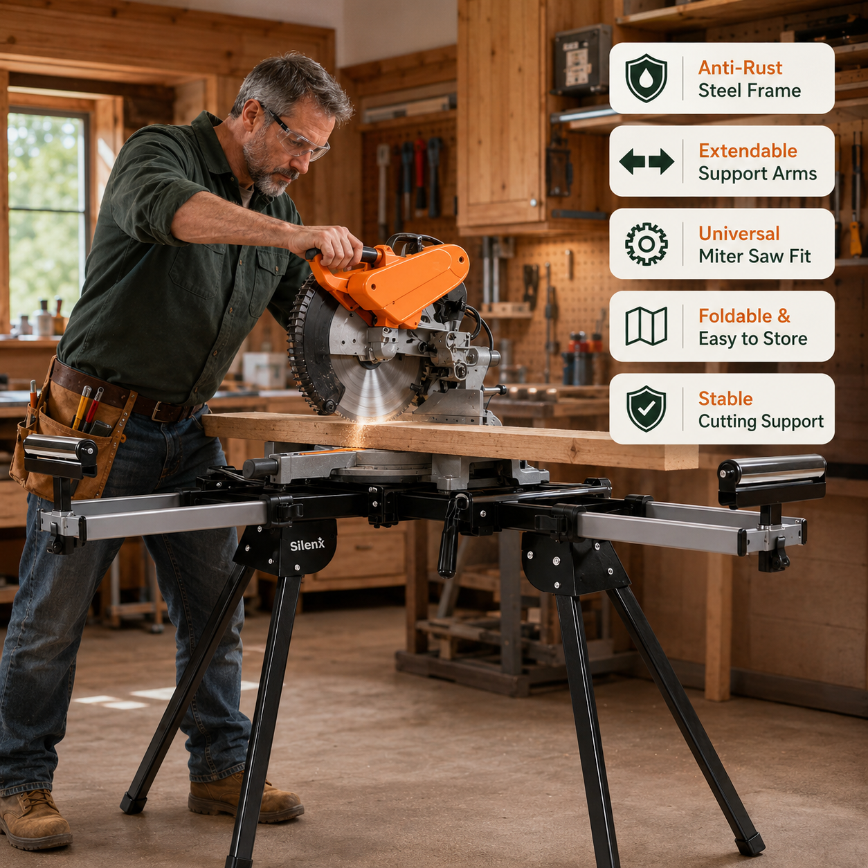 SilenX 440 LB Miter Saw Stand — Universal Folding Saw Table with 76.8" Extendable Support Arms, Height-Adjustable Rollers & Anti-Rust Steel Frame