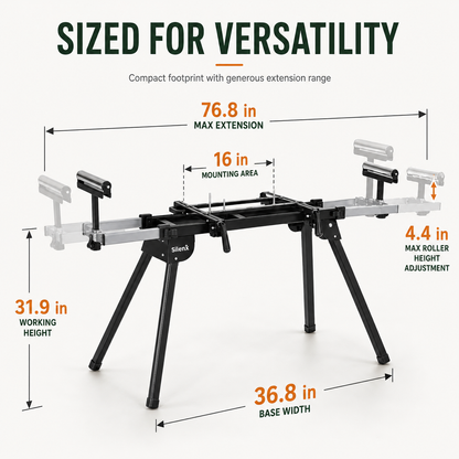 SilenX 440 LB Miter Saw Stand — Universal Folding Saw Table with 76.8" Extendable Support Arms, Height-Adjustable Rollers & Anti-Rust Steel Frame